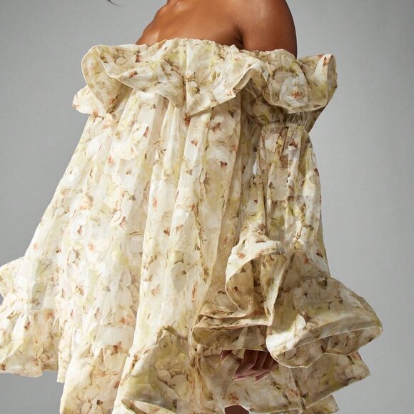 Yellow Boho Women's Chiffon Off Shoulder Floral Ruffle Bell Sleeve Mini Dress - Picture 6 of 6